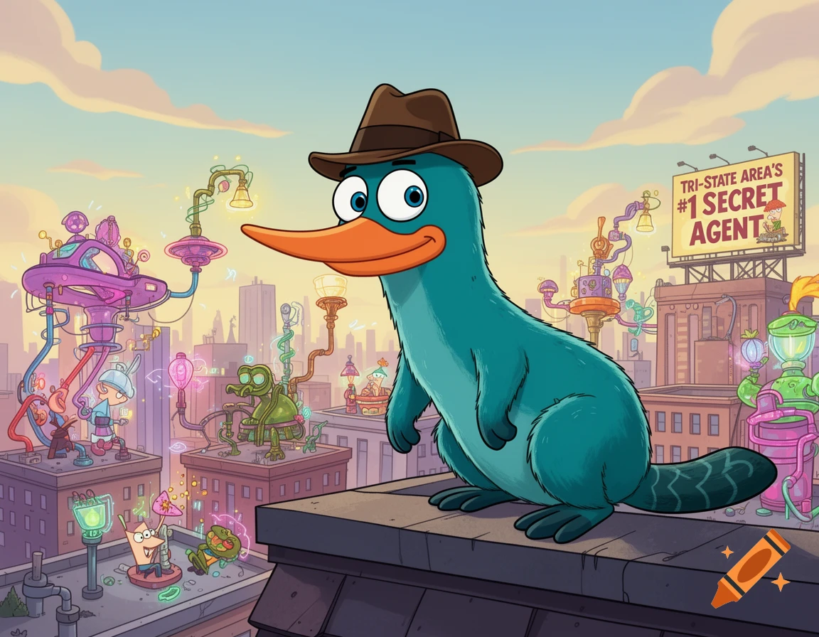 Cartoon illustration of Perry the Platypus in a fedora standing on a city rooftop filled with whimsical machines, with a 'Secret Agent' billboard.