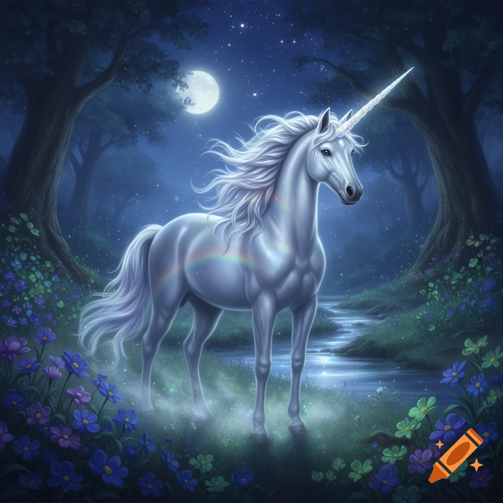 A majestic white unicorn with a glowing horn and flowing mane stands in an enchanted moonlit forest beside a stream, surrounded by colorful flowers.