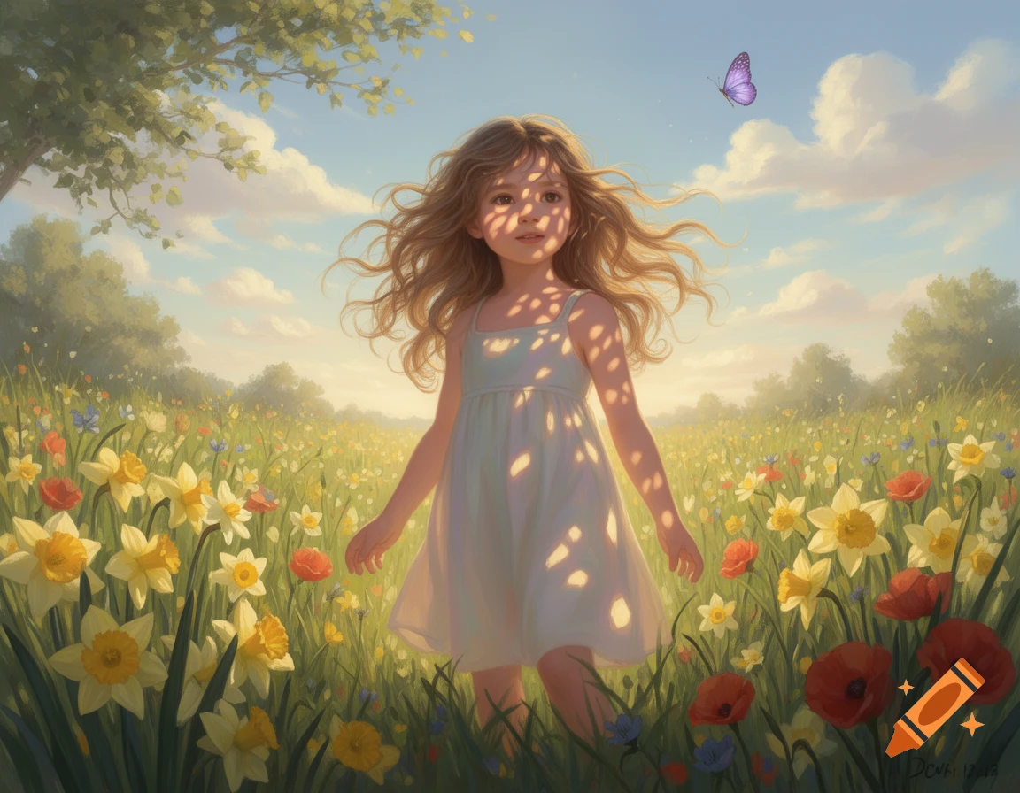 Young girl with long hair stands in a vibrant meadow of daffodils and ...