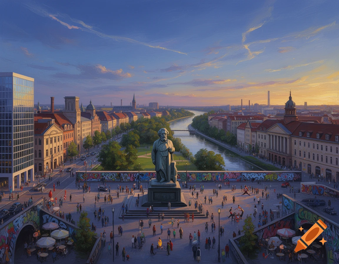An elevated view of a bustling city square at sunset, featuring a large statue of Karl Marx in front of a river, surrounded by historic buildings and modern architecture.