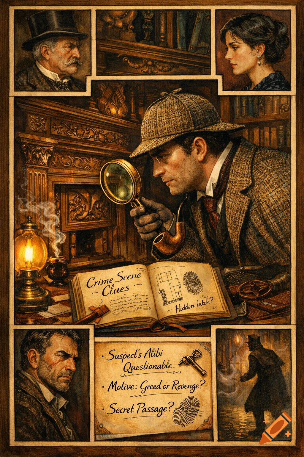 A Victorian detective uses a magnifying glass over an open book of clues, surrounded by panels depicting suspects and crime notes, in a detailed illustration.