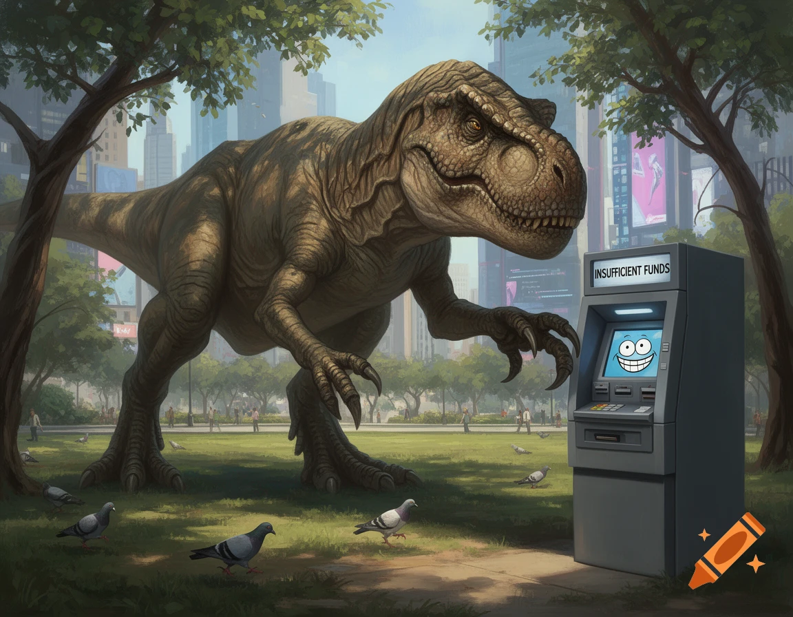 A photorealistic Tyrannosaurus Rex stands in a city park, looking at an ATM that displays 'INSUFFICIENT FUNDS' and a smiling cartoon face.