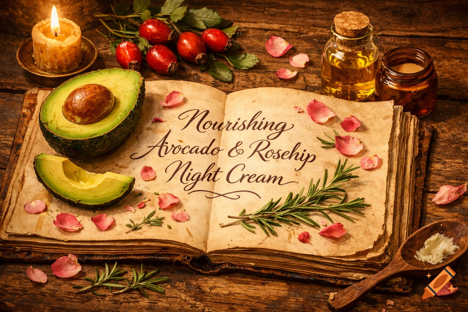Open recipe book with 'Nourishing Avocado & Rosehip Night Cream' text, surrounded by avocados, rosehips, rosemary, oils, and a lit candle on wood.
