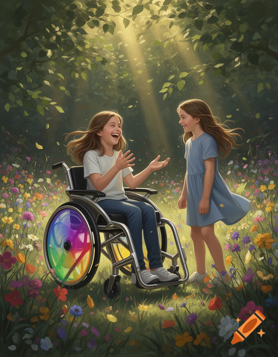 A digital painting shows two happy young girls, one in a wheelchair with a rainbow wheel, laughing in a sunny, flowery meadow.