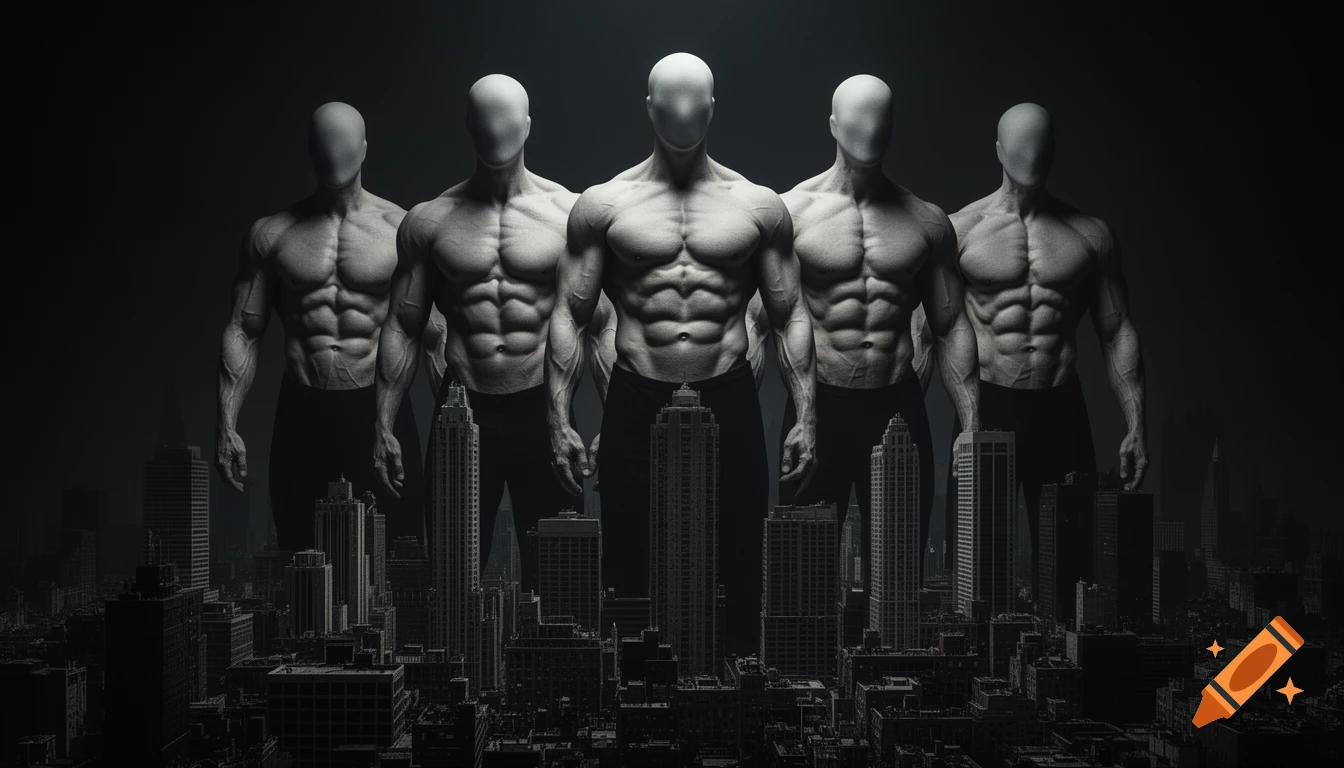 Five muscular, faceless humanoid figures in a surreal, dark black and ...