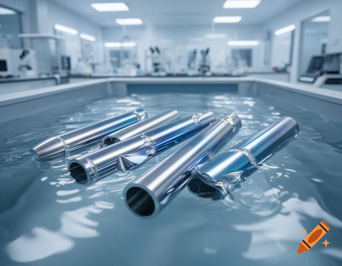Several damaged metallic tubes float in a water bath inside a sterile ...