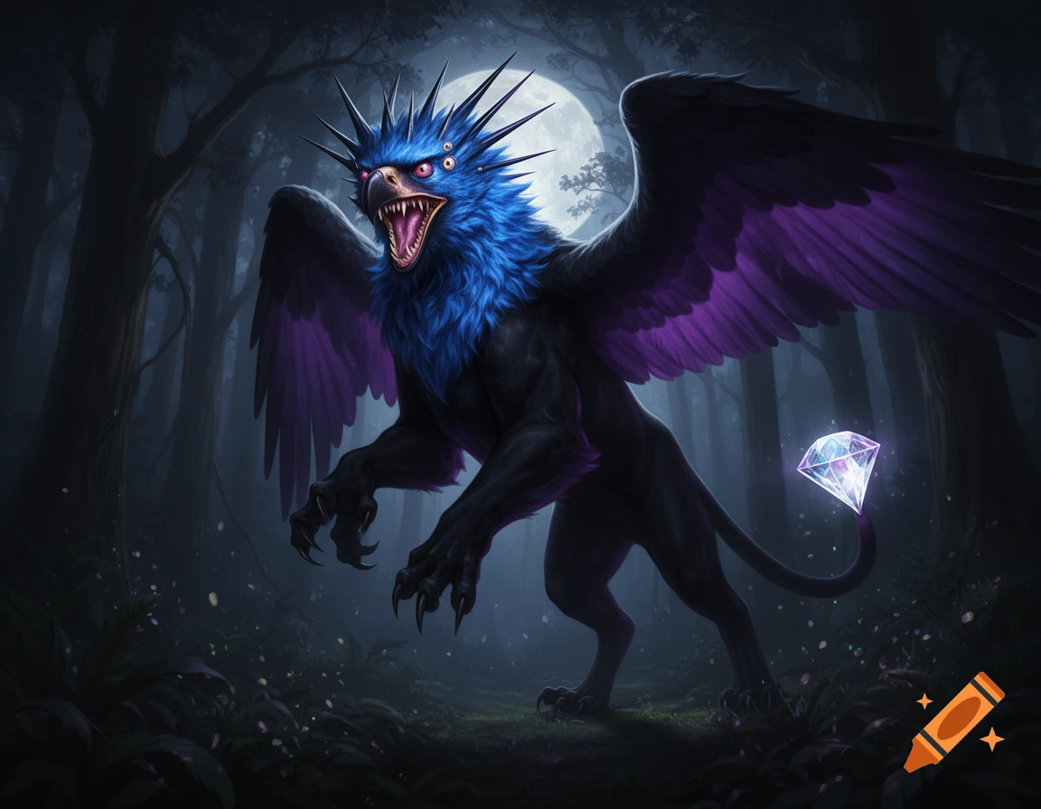 A fierce, six-eyed griffin-like creature with blue fur and purple-lined black wings, roars in a dark, moonlit forest, a glowing diamond on its tail.