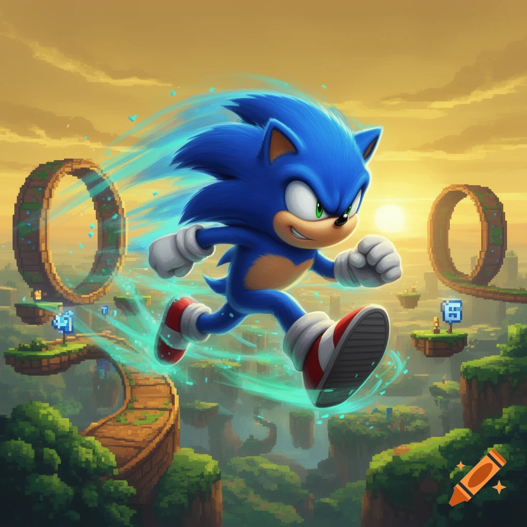 Sonic the Hedgehog runs through a pixelated Green Hill Zone-like landscape with giant rings under a sunset sky.