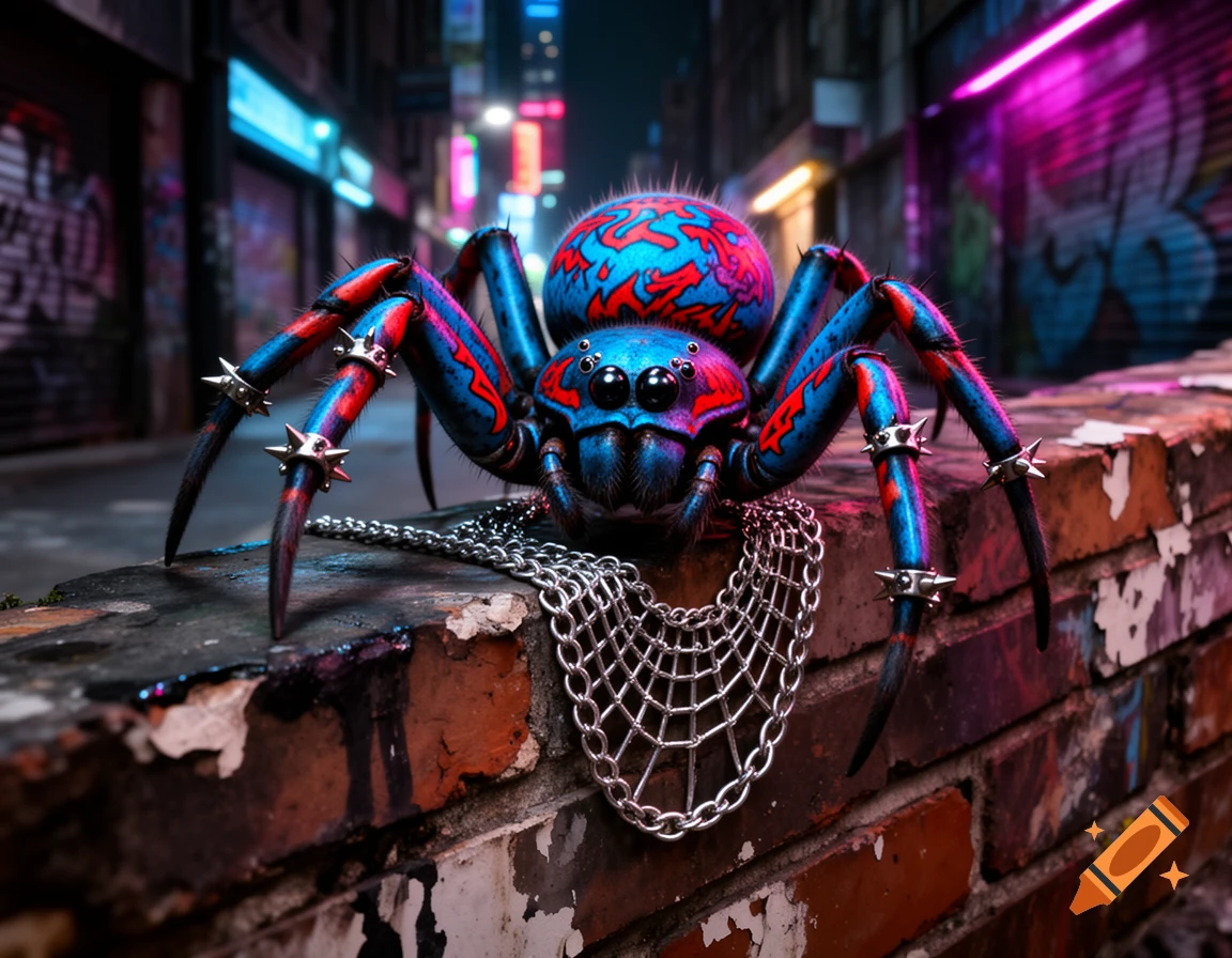 A highly detailed, neon blue and red punk spider with spiked leg rings and a chain necklace sits on a brick wall in a gritty urban alley at night.