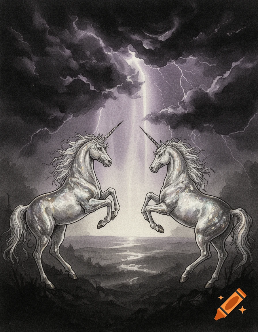 Two white unicorns rear up against a stormy, lightning-filled sky with a dark, ethereal landscape below, in a gothic fantasy watercolor style.
