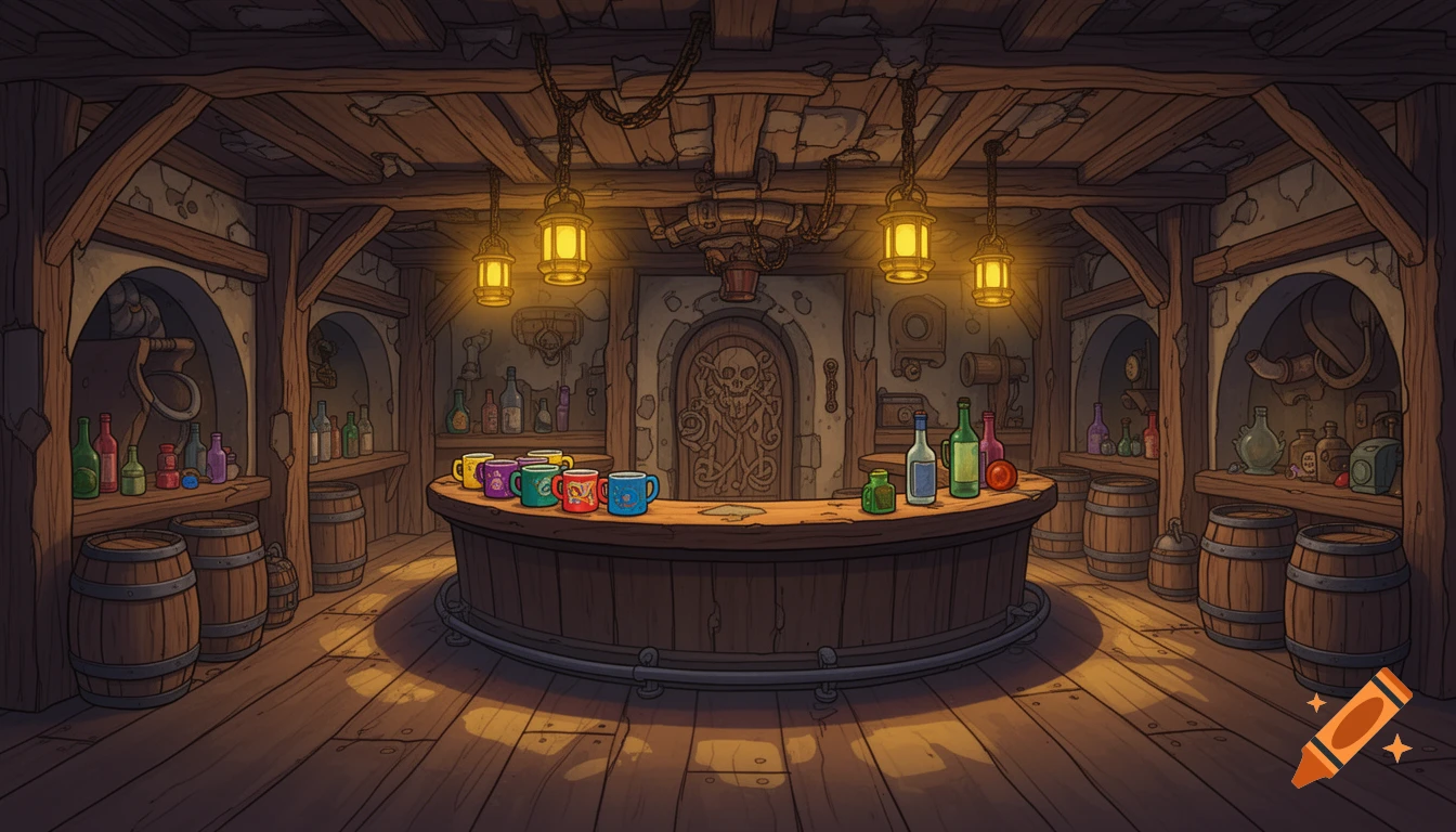 Digital painting of a cozy, cartoon-style pirate tavern interior with a curved wooden bar, barrels, bottles, and glowing lanterns.