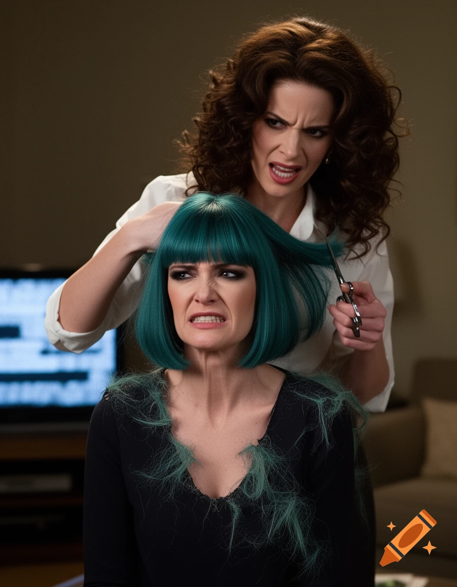 A woman with curly brown hair aggressively cuts the teal bob hair of another grimacing woman, hair scattered.
