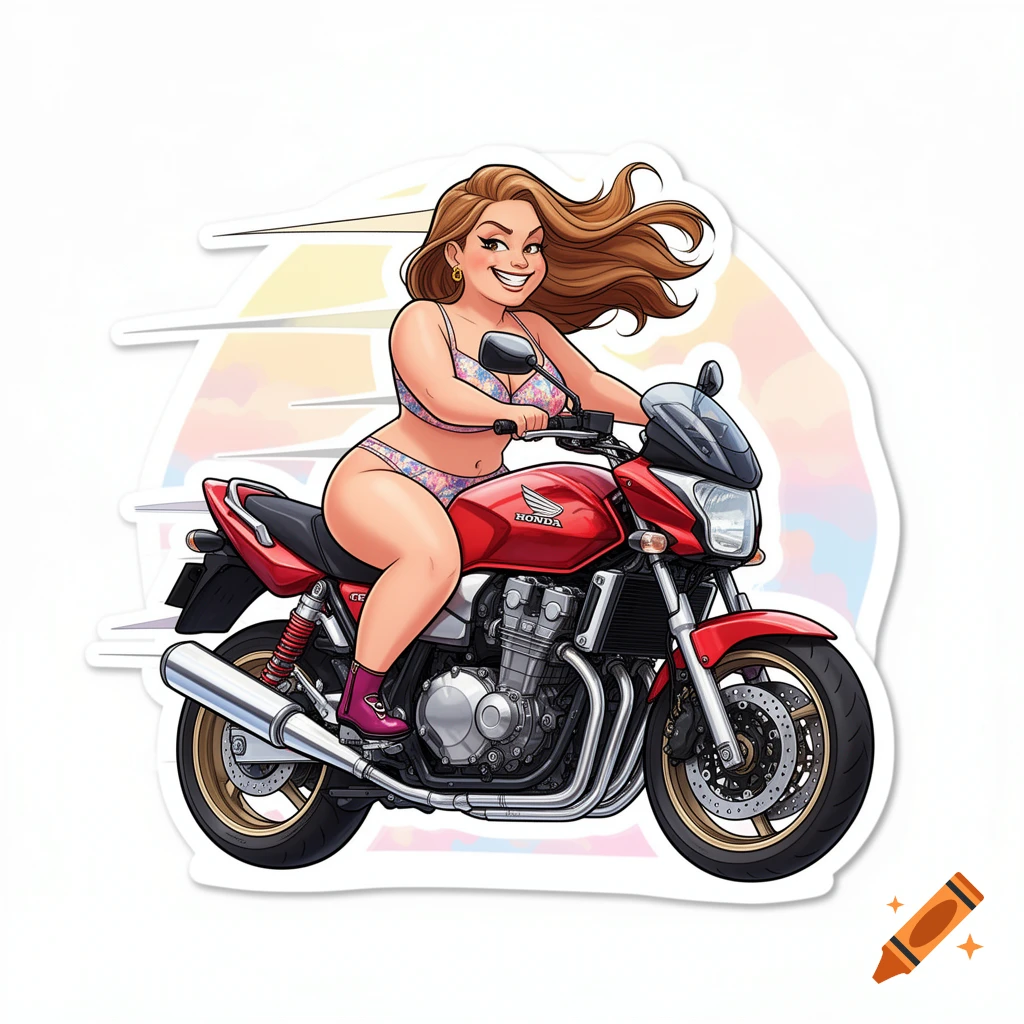 Cartoon sticker of a curvy woman in a floral bikini riding a red Honda motorcycle, smiling with wind in her hair.
