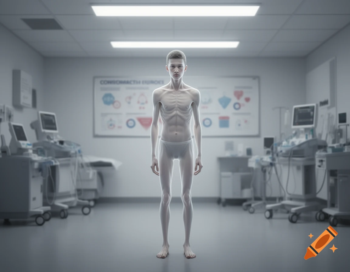 A stark, full-body shot of a severely emaciated young male figure standing in a sterile, modern hospital examination room.