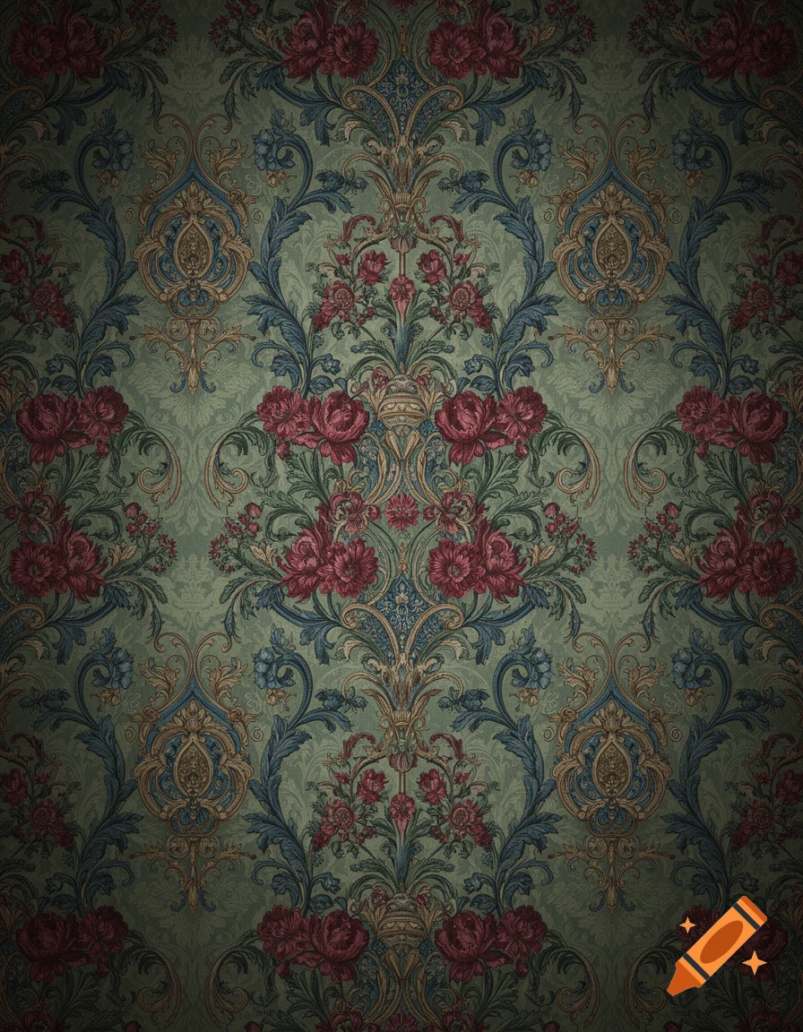 Dark green Victorian wallpaper with an ornate pattern of red roses, blue leaves, and gold scrolls.