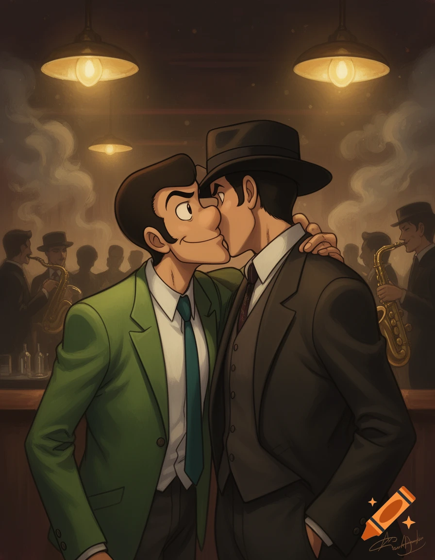 Anime illustration of Lupin III and Jigen kissing in a dimly lit bar, with jazz musicians in the background.