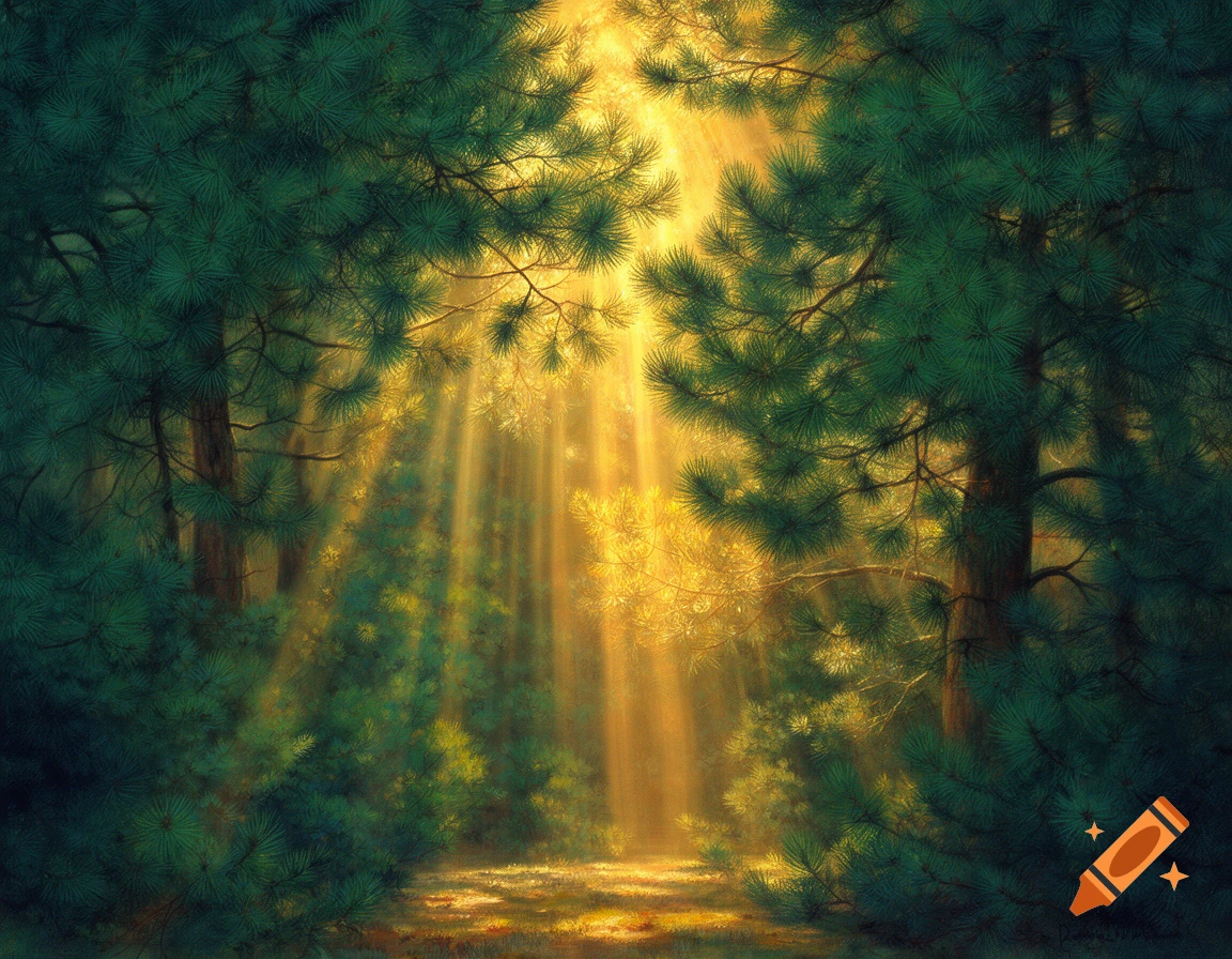 Golden sun rays stream through dense, dark green pine branches in a ...