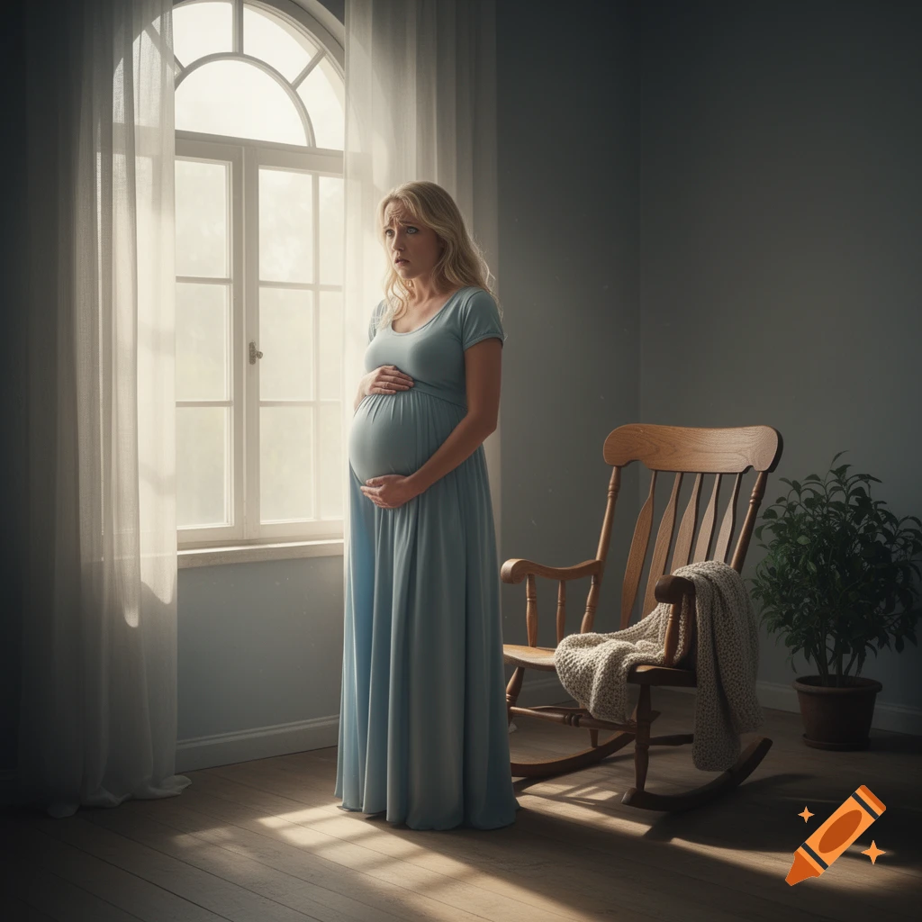 A very anxious pregnant woman in a light blue dress stands by a sunlit window with sheer curtains, a wooden rocking chair with a blanket nearby.