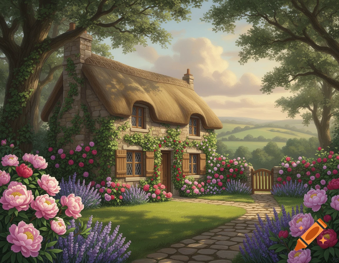 A charming stone cottage with a thatched roof, covered in roses and ivy, surrounded by a vibrant garden of pink peonies and purple lavender.