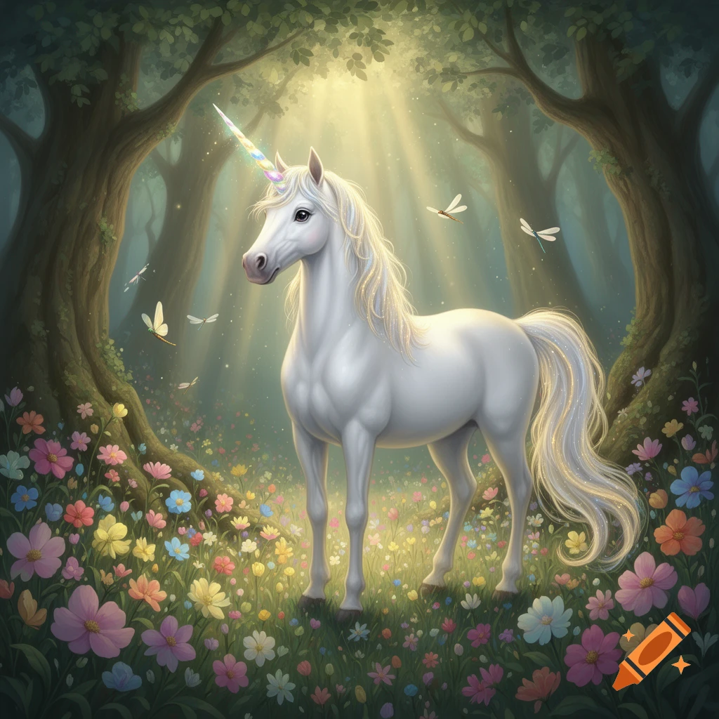 A majestic white unicorn with a rainbow horn stands in an enchanted forest clearing amidst colorful wildflowers and sun rays.