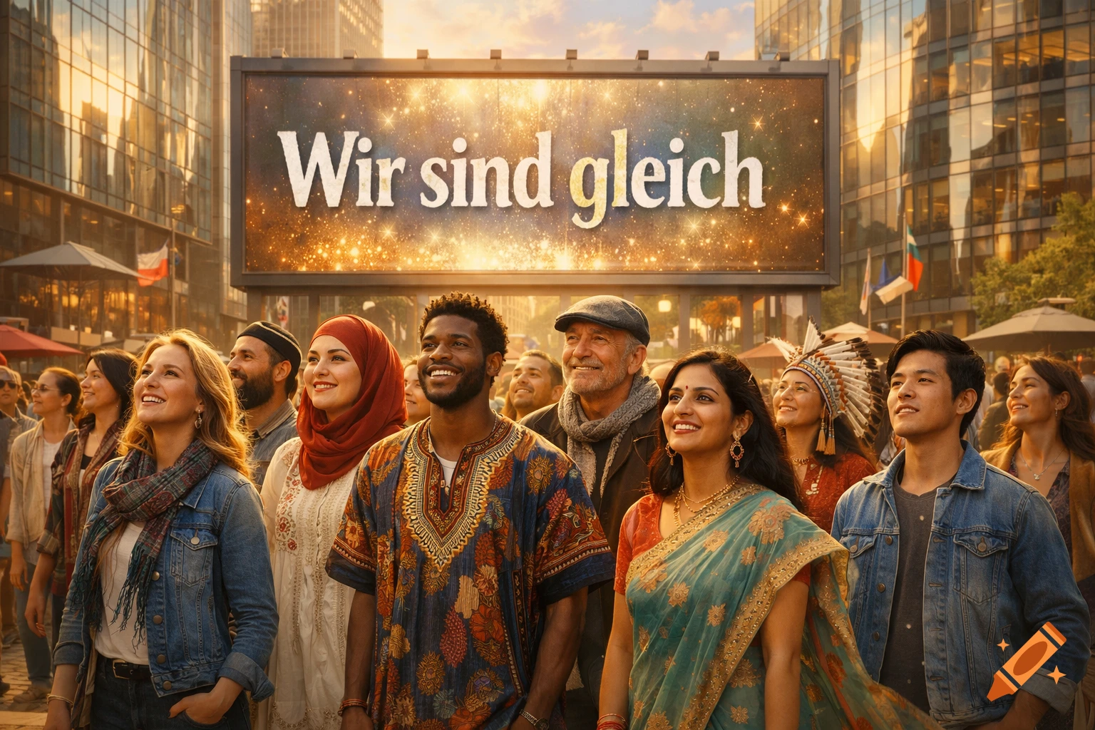 A diverse group of smiling people in a city street look up at a billboard displaying 'Wir sind gleich' (We are equal).