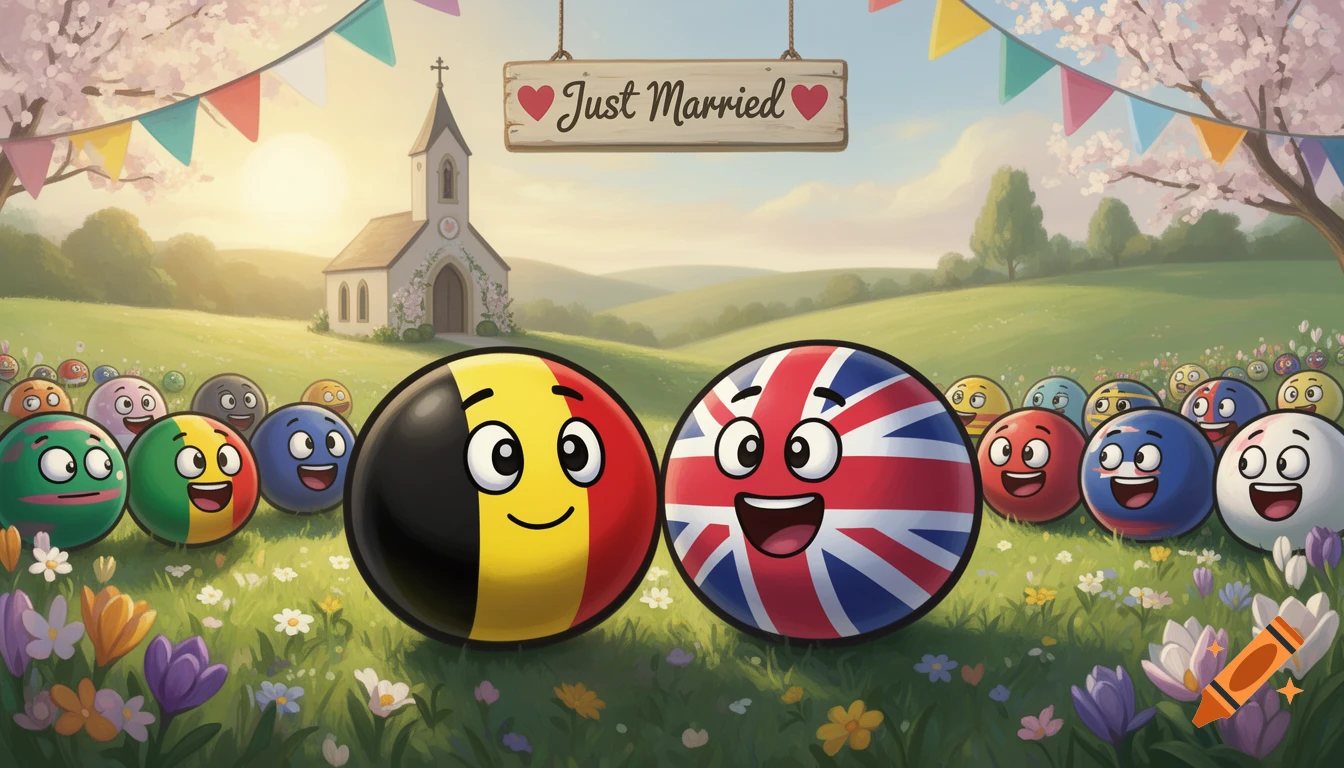 Cartoon countryballs of Belgium and the UK smiling, standing in a flowery field with a church and a 'Just Married' sign, surrounded by other countryballs.