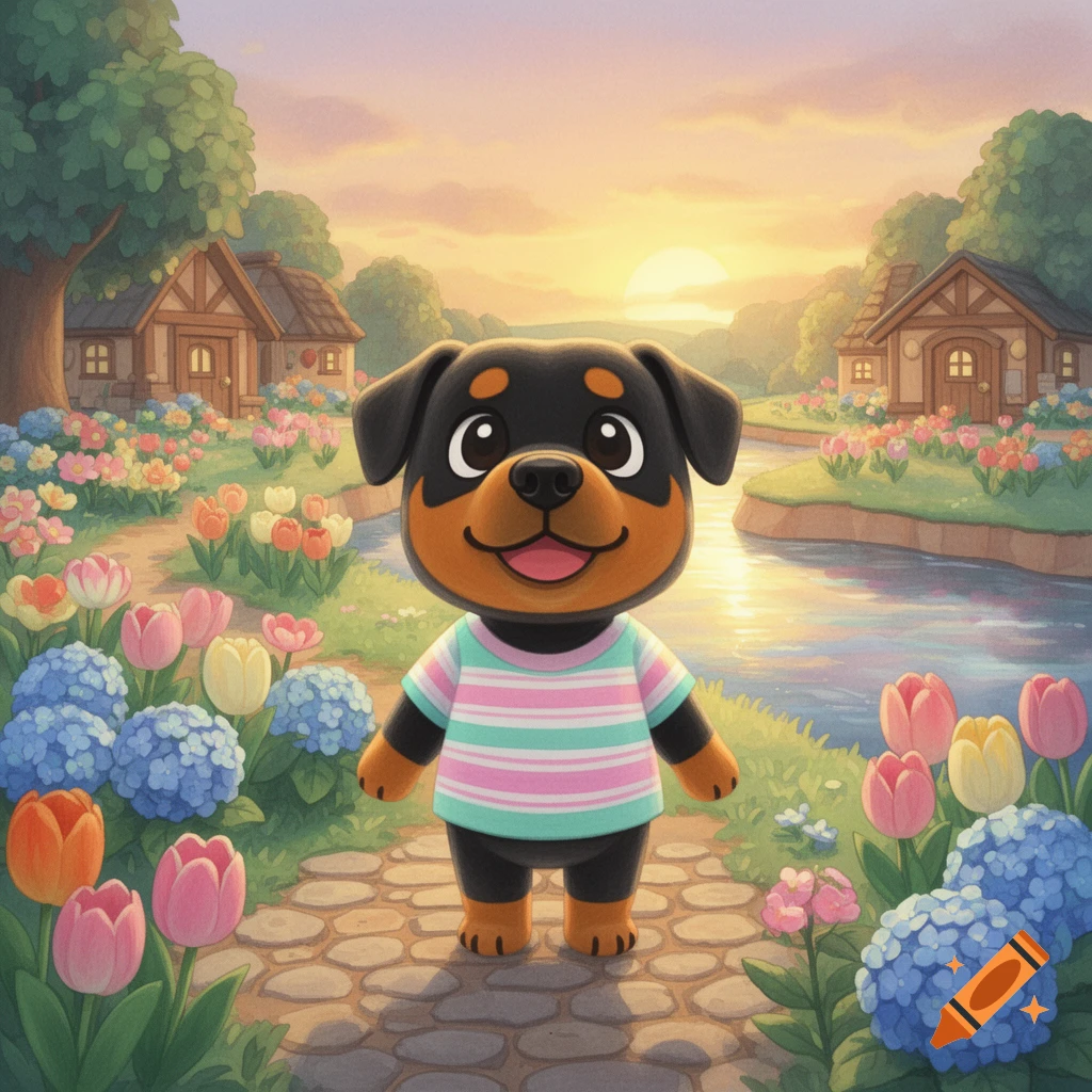 A cartoon rottweiler Animal Crossing villager stands smiling on a cobblestone path in a vibrant village landscape at sunset, surrounded by colorful flowers and a river.