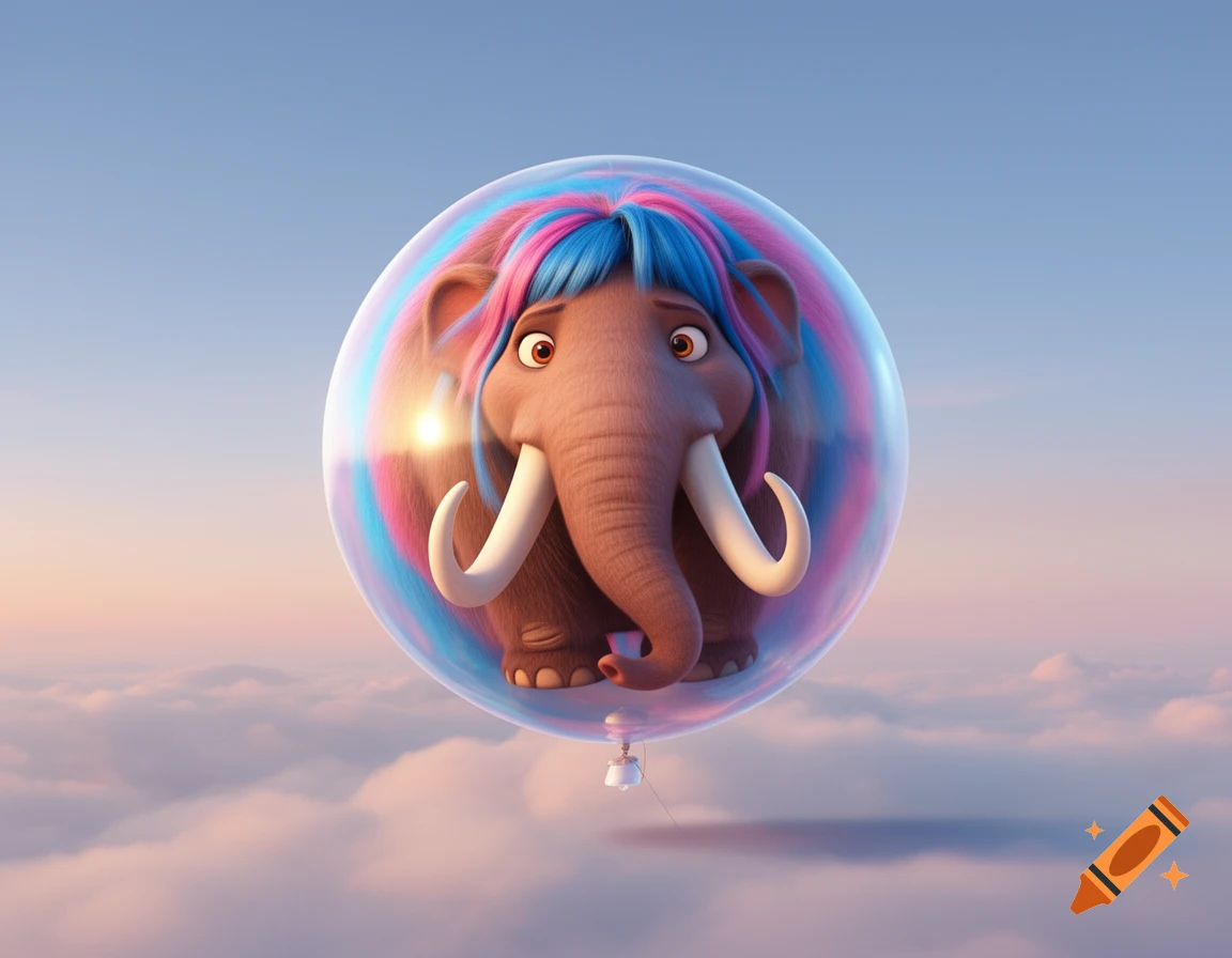 Ellie the mammoth from Ice Age, with blue and pink hair, floats in a clear bubble balloon above clouds at sunset in a 3D animated style.