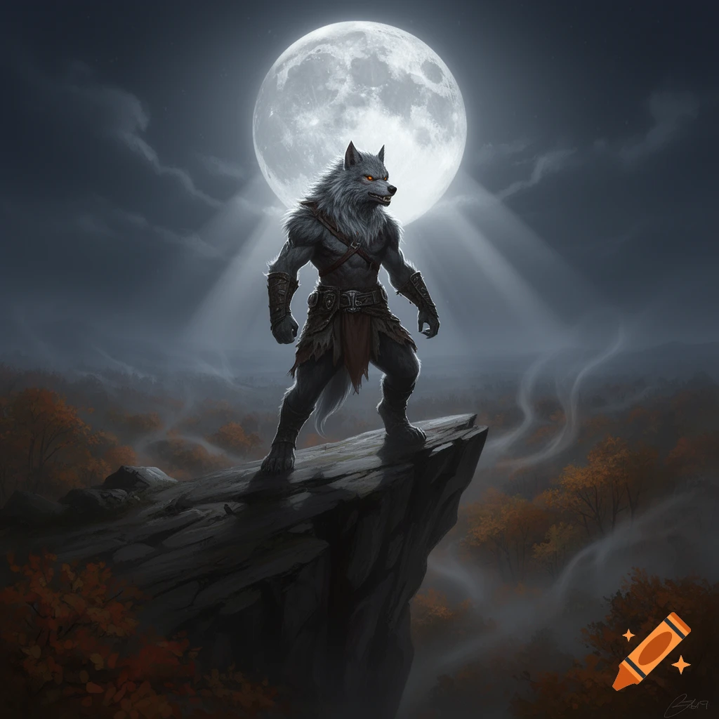 A muscular grey werewolf stands heroically on a cliff overlooking an autumn forest under a large, glowing full moon.