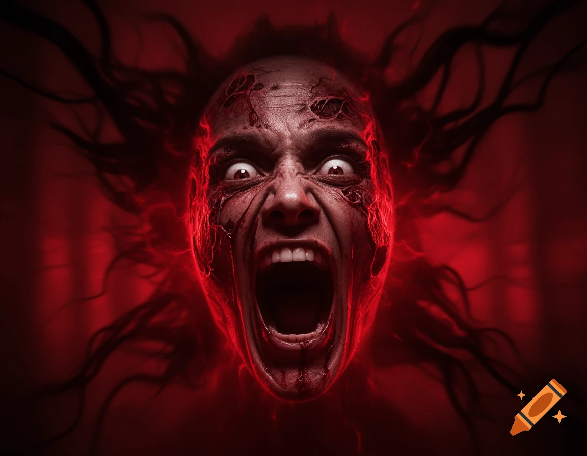 A terrifying screaming face with glowing red skin, dark tendrils, and wide white eyes.