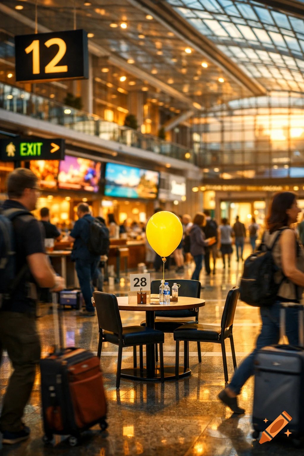 A yellow balloon at table 28 in a bustling airport terminal, with travelers, an 'EXIT' sign, and a '12' gate sign.