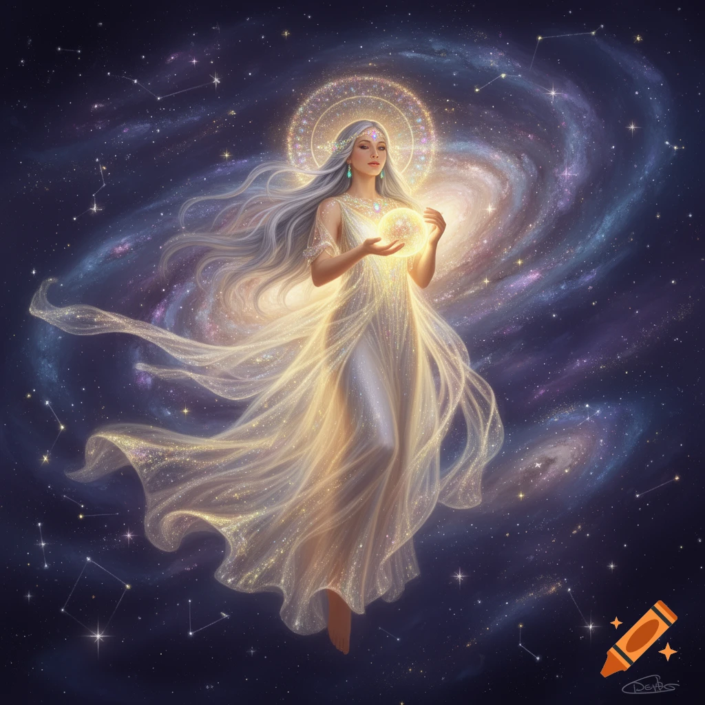 An ethereal goddess in a shimmering gown holds a glowing orb, surrounded by a swirling galaxy and stars.