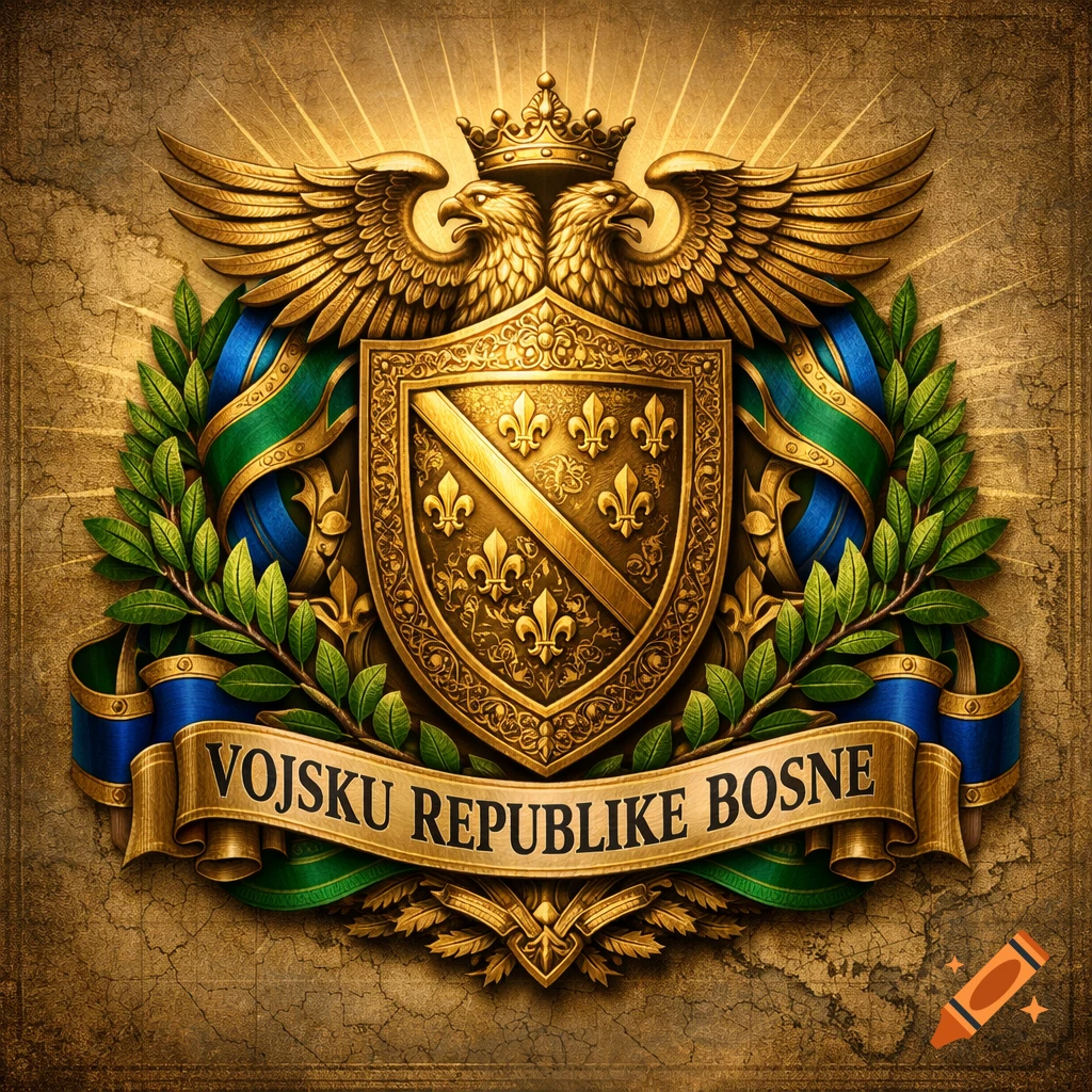 Golden coat of arms with two eagles, a crown, and a shield featuring fleurs-de-lis, encircled by a green wreath and a banner reading "VOJSKU REPUBLIKE BOSNE" on a textured background.