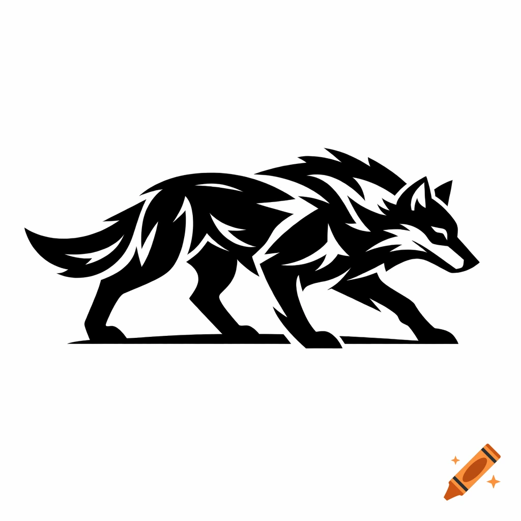 A stylized black and white logo of a wolf in profile, walking with a fierce expression.