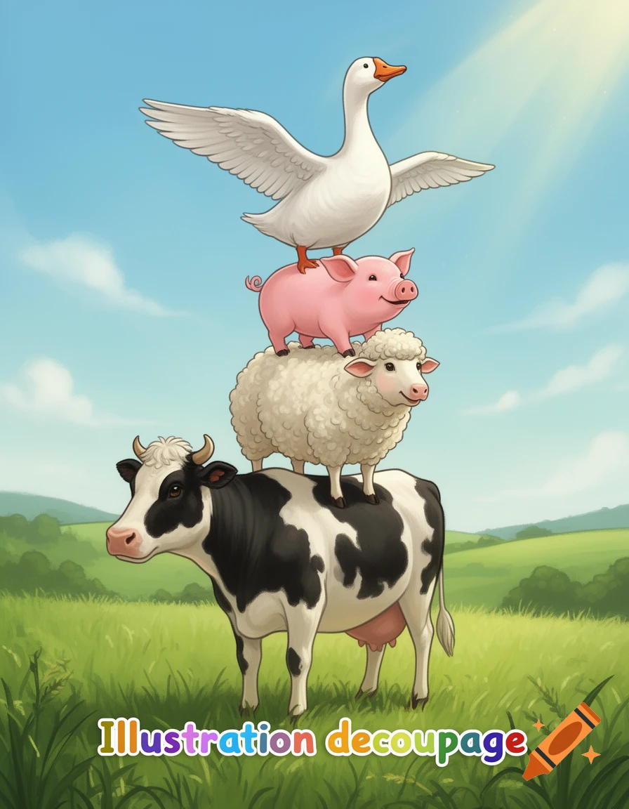Cartoon illustration of a cow, sheep, pig, and goose stacked on each other in a field, with 'Illustration decoupage' text.