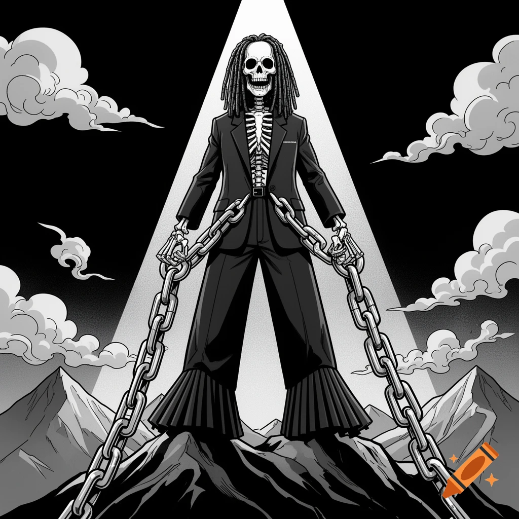 A comic book style skeleton with dreadlocks in a suit, holding chains, stands atop a mountain under a spotlight.