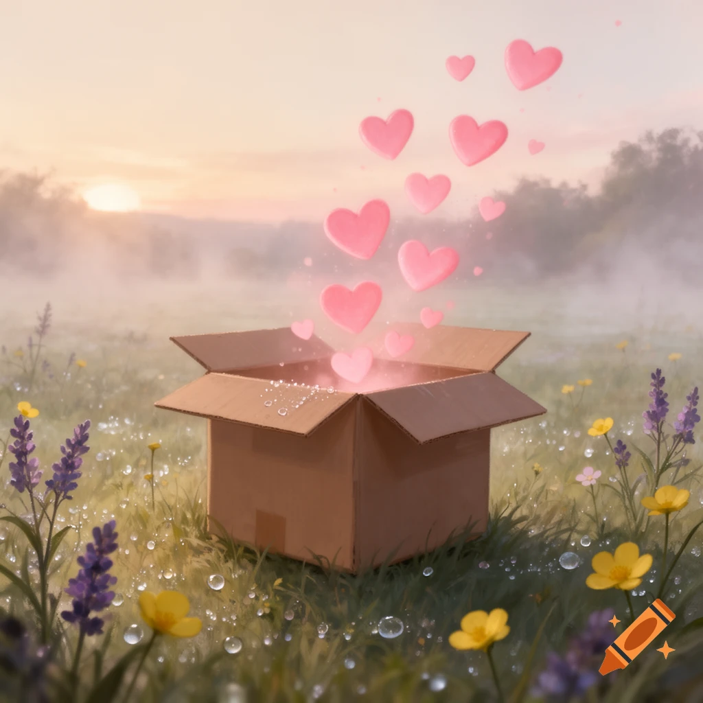 A brown cardboard box in a dewy field with pink hearts emerging, bathed in sunrise mist and surrounded by wildflowers.