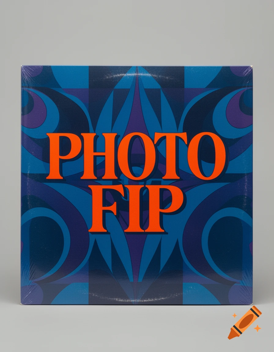Close-up of a vinyl record album cover with a blue and purple geometric pattern and orange text "PHOTO FIP".