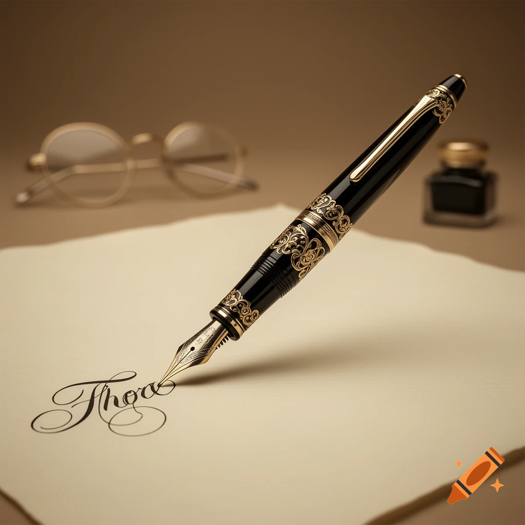 A black and gold ornate fountain pen writes cursive text on cream paper next to blurred glasses and an inkwell.
