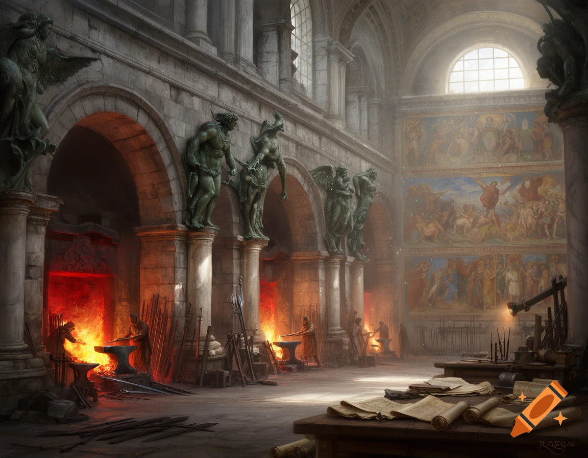 A grand Roman-style forge hall with blacksmiths working at glowing furnaces, adorned with classical statues and large murals.