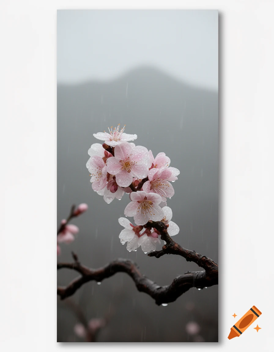 Close-up of delicate pink plum blossoms covered in raindrops on a dark branch, set against a blurred gray mountain background in the rain.