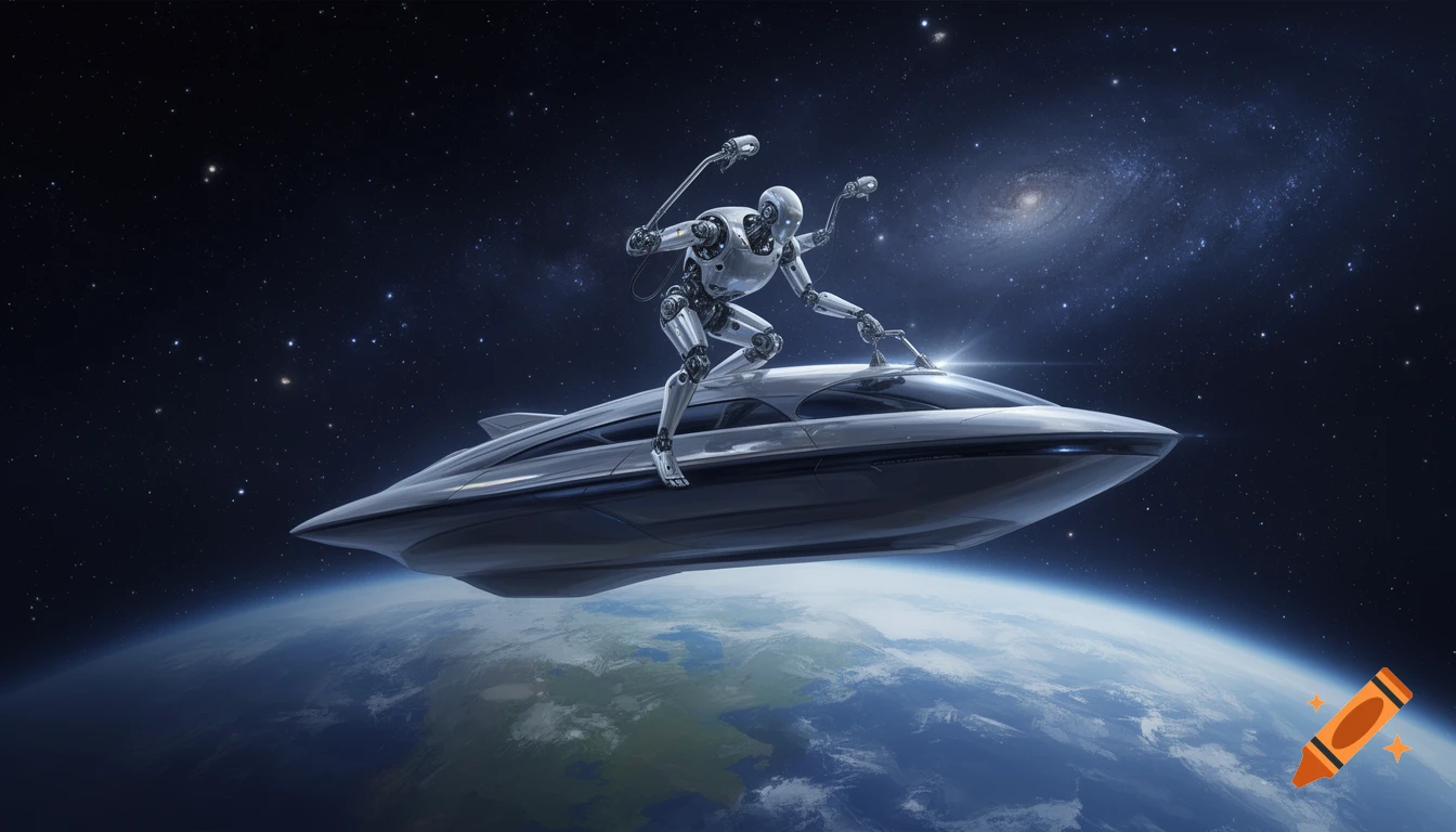Robot Rocketship A futuristic robot cleans the top of a sleek spaceship, hovering above ...