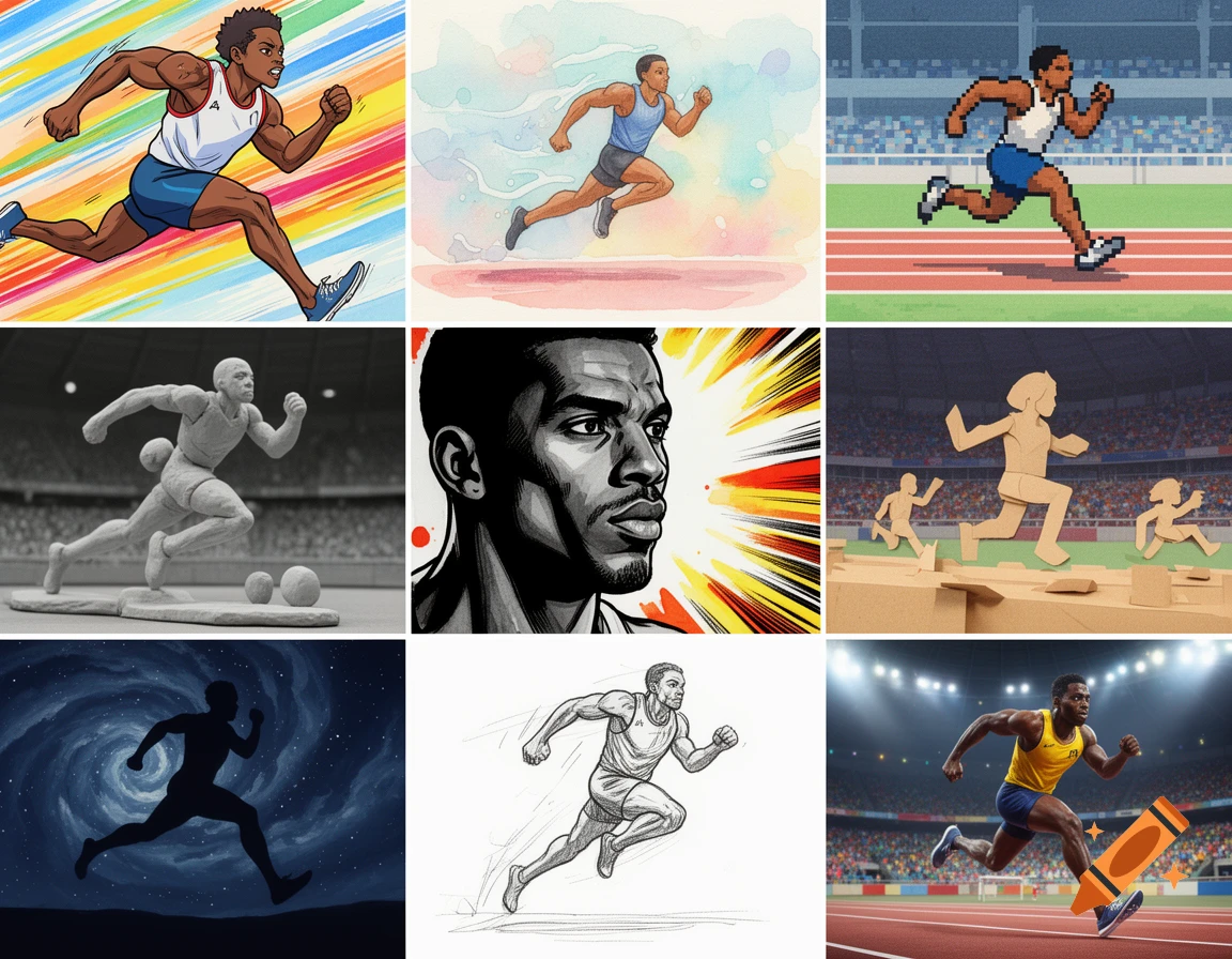 A 3x3 grid of various artistic interpretations of a male sprinter running, including comic, watercolor, pixel art, sculpture, sketch, silhouette, and photorealistic styles.