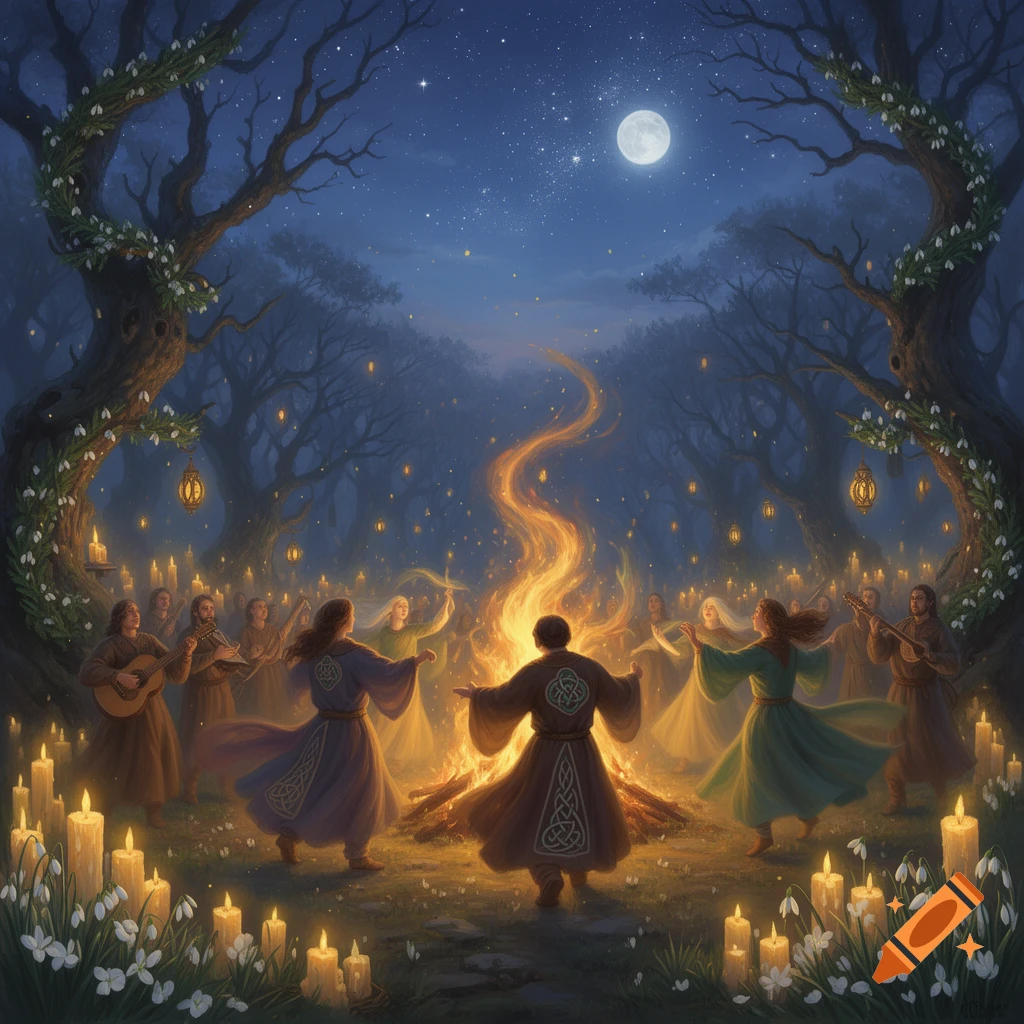 A group of people in robes dancing around a large bonfire in a moonlit forest, surrounded by candles and snowdrops.