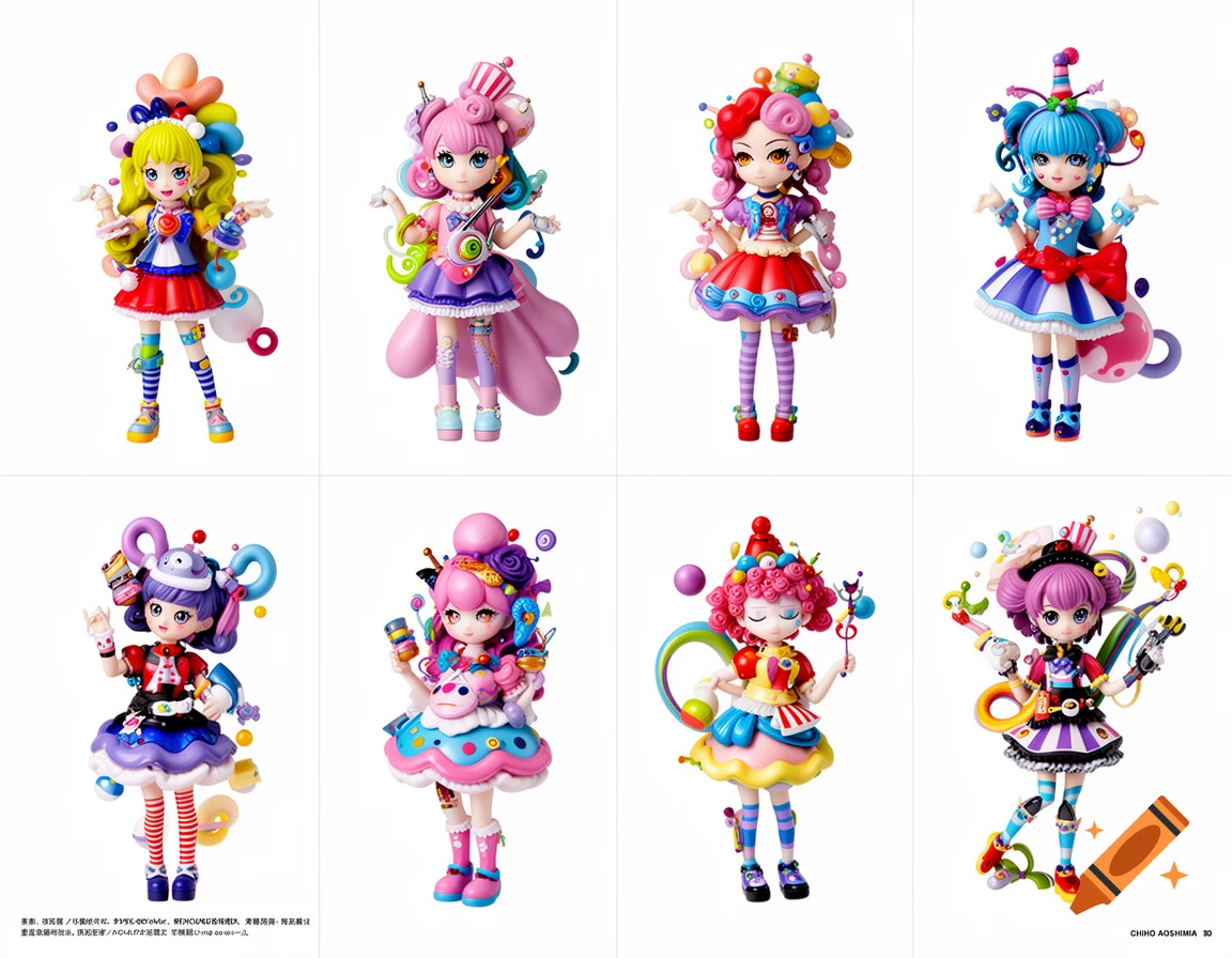 Eight colorful, stylized Japanese PVC figures with varied poses and elaborate candy-themed outfits on a white background, resembling a pamphlet.