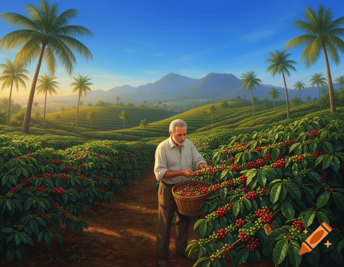 An old man harvests coffee beans into a basket on a tropical plantation with palm trees and mountains under a blue sky.