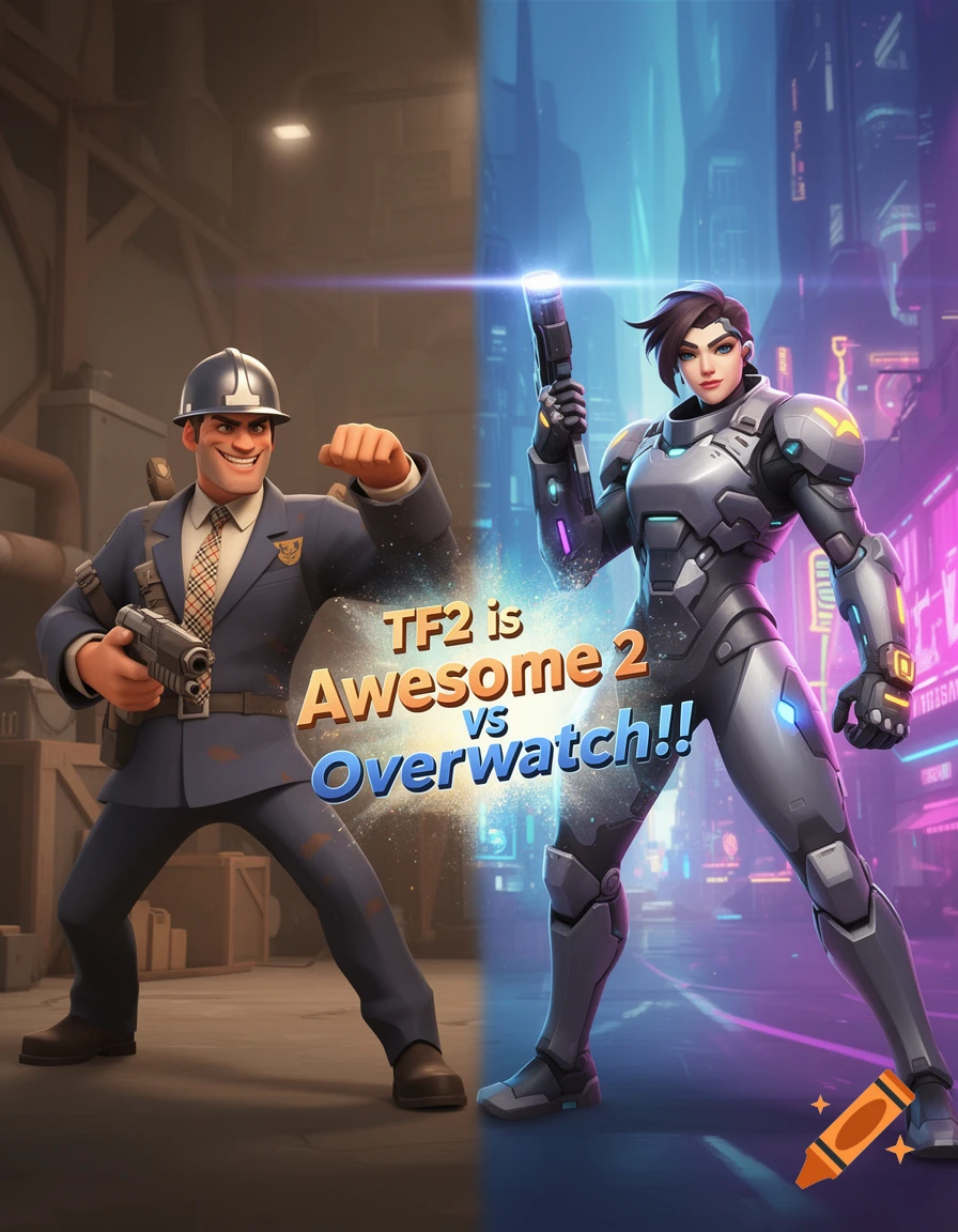 A stylized split image of a TF2-like engineer and an Overwatch-like armored female character, with text 'TF2 is Awesome 2 vs Overwatch!!'.
