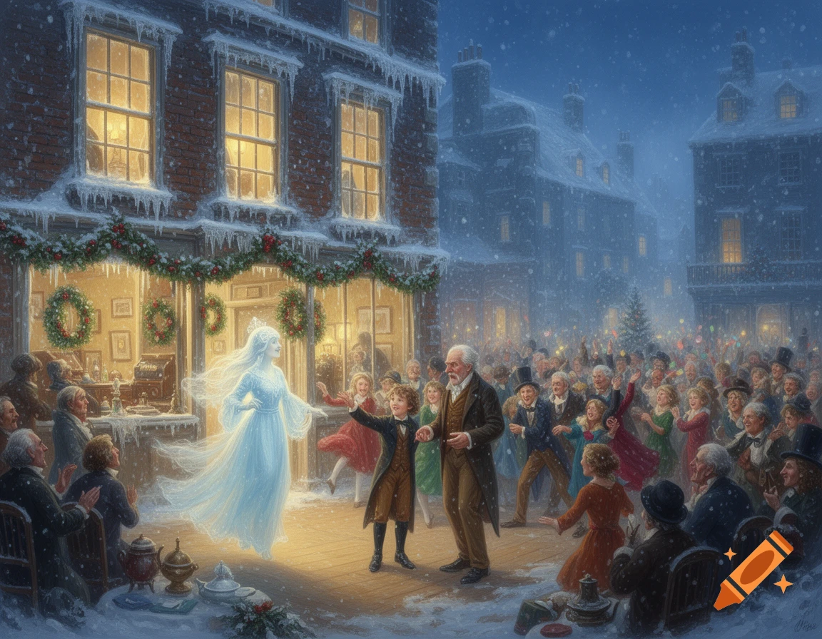 A translucent ghost in a white dress floats towards a man and a boy in a snowy Victorian street scene with a festive crowd and glowing shop windows.
