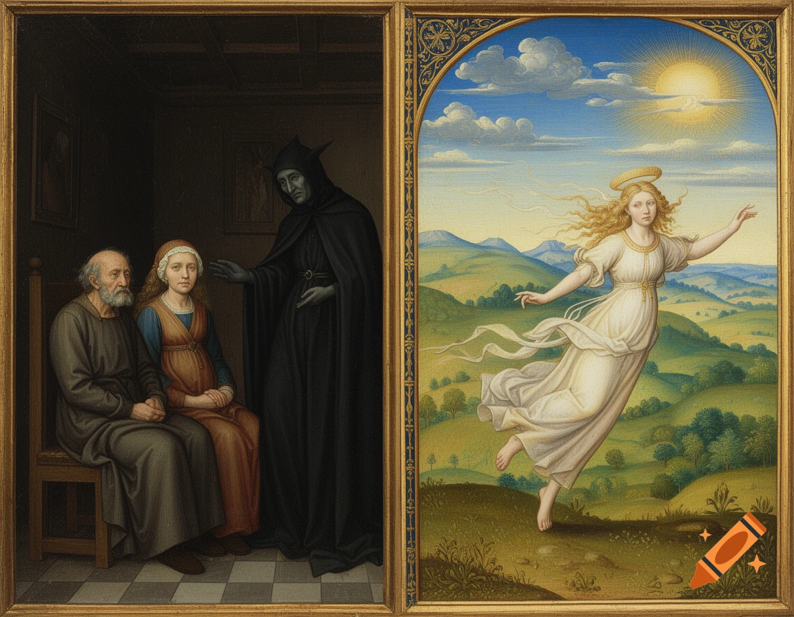 Medieval diptych: Death approaches an old couple in a dark room; Life flies over a bright, sunny landscape.