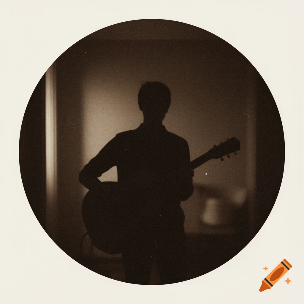 Sepia-toned silhouette of a person holding an acoustic guitar, set against a dark, minimalist background with vintage film grain.